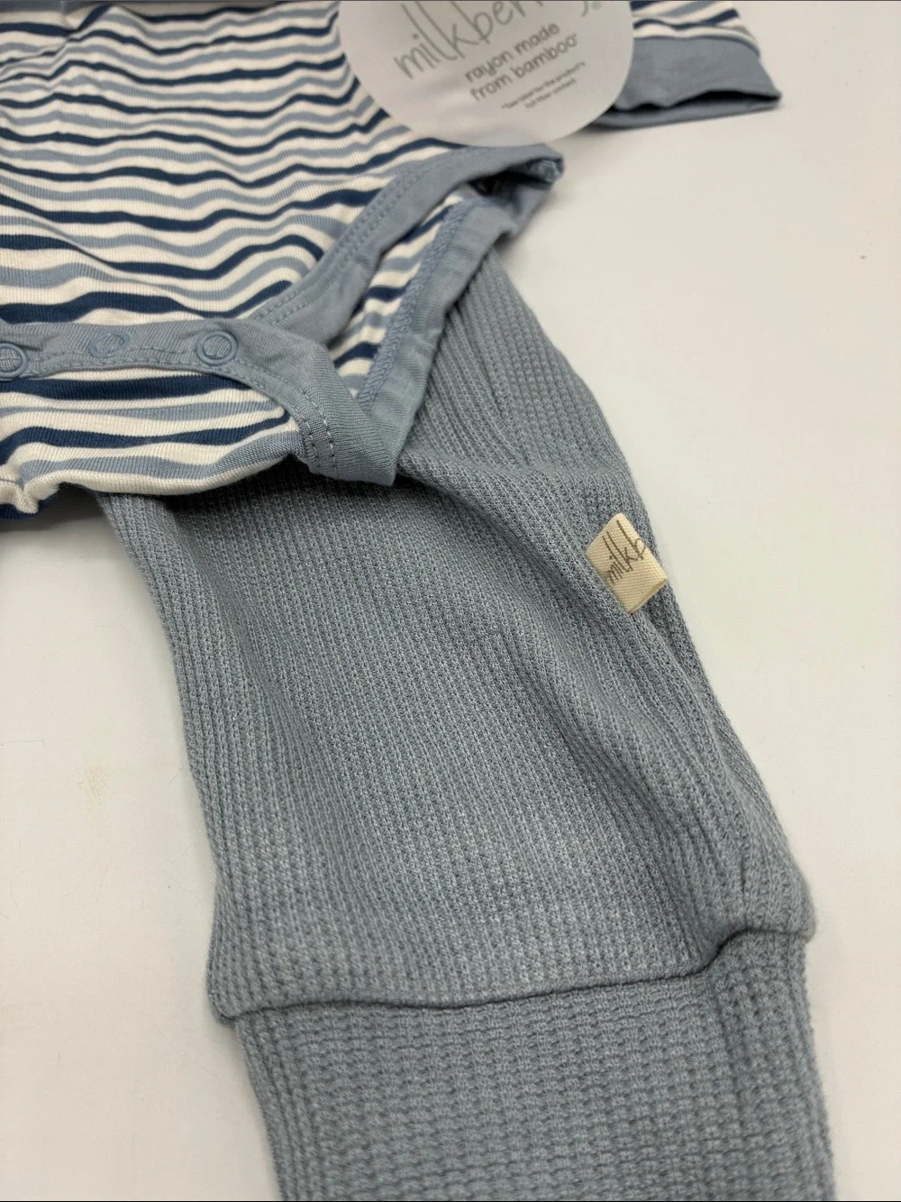 Milkberry Bamboo 2pc Blue White Striped Baby Polo Bodysuit Knit Pants 6-9 Months